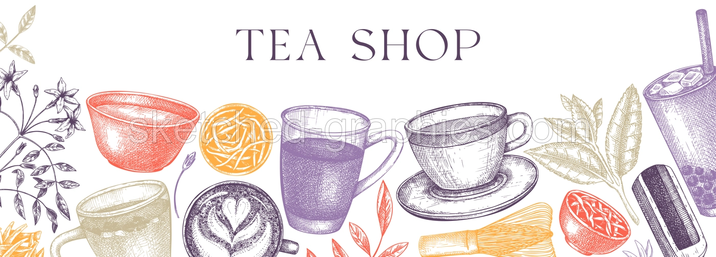 Hand-sketched tea drinks and ingredients banner in color. Vector sketches of hot beverage cups, dried leaves, jasmine blossoms background. Popular tea design for cafe or restaurant menu.  Illustration